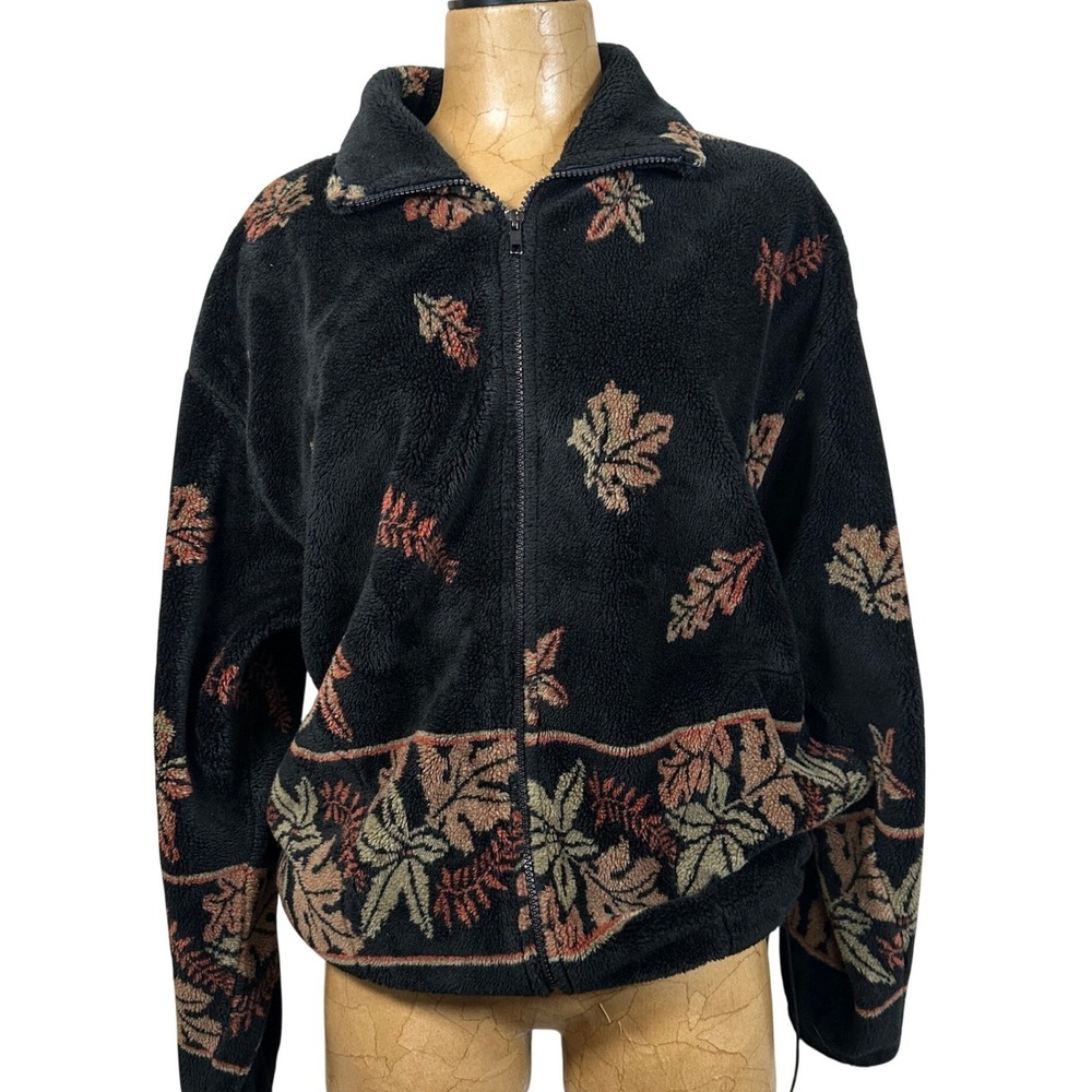 Vintage Black Fleece Leaf‎ Print Full Zip Jacket Earthy Gorp Floral XL Novelty